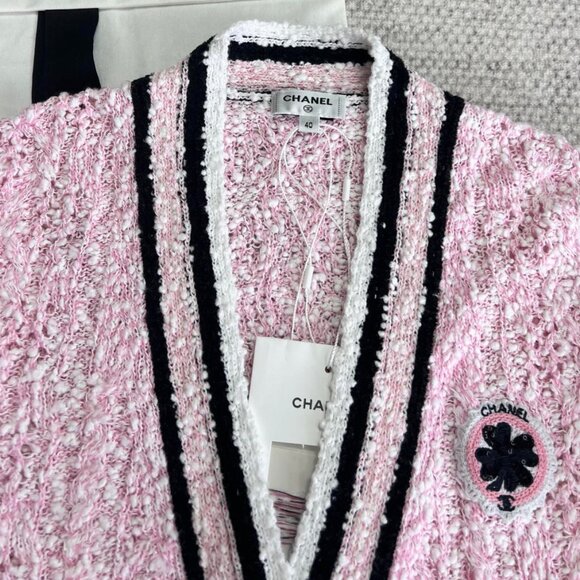 NWT CHANEL 2024P Pink Black White Cardigan Sweater FR36 - Picture 4 of 11